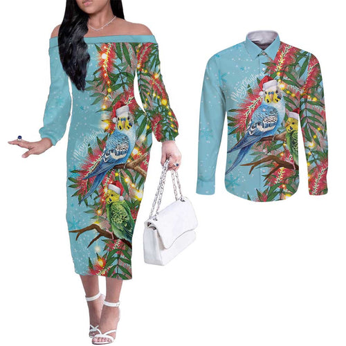 Blue Budgies on Callistemon Couples Matching Off The Shoulder Long Sleeve Dress and Long Sleeve Button Shirt Merry Christmas Aussie - Aussie Hoodie