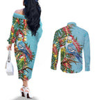 Blue Budgies on Callistemon Couples Matching Off The Shoulder Long Sleeve Dress and Long Sleeve Button Shirt Merry Christmas Aussie - Aussie Hoodie