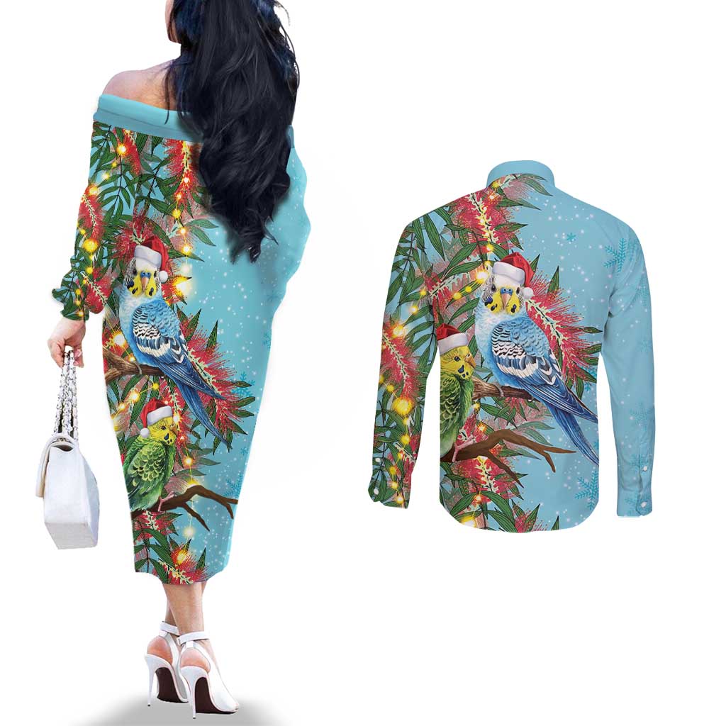 Blue Budgies on Callistemon Couples Matching Off The Shoulder Long Sleeve Dress and Long Sleeve Button Shirt Merry Christmas Aussie - Aussie Hoodie