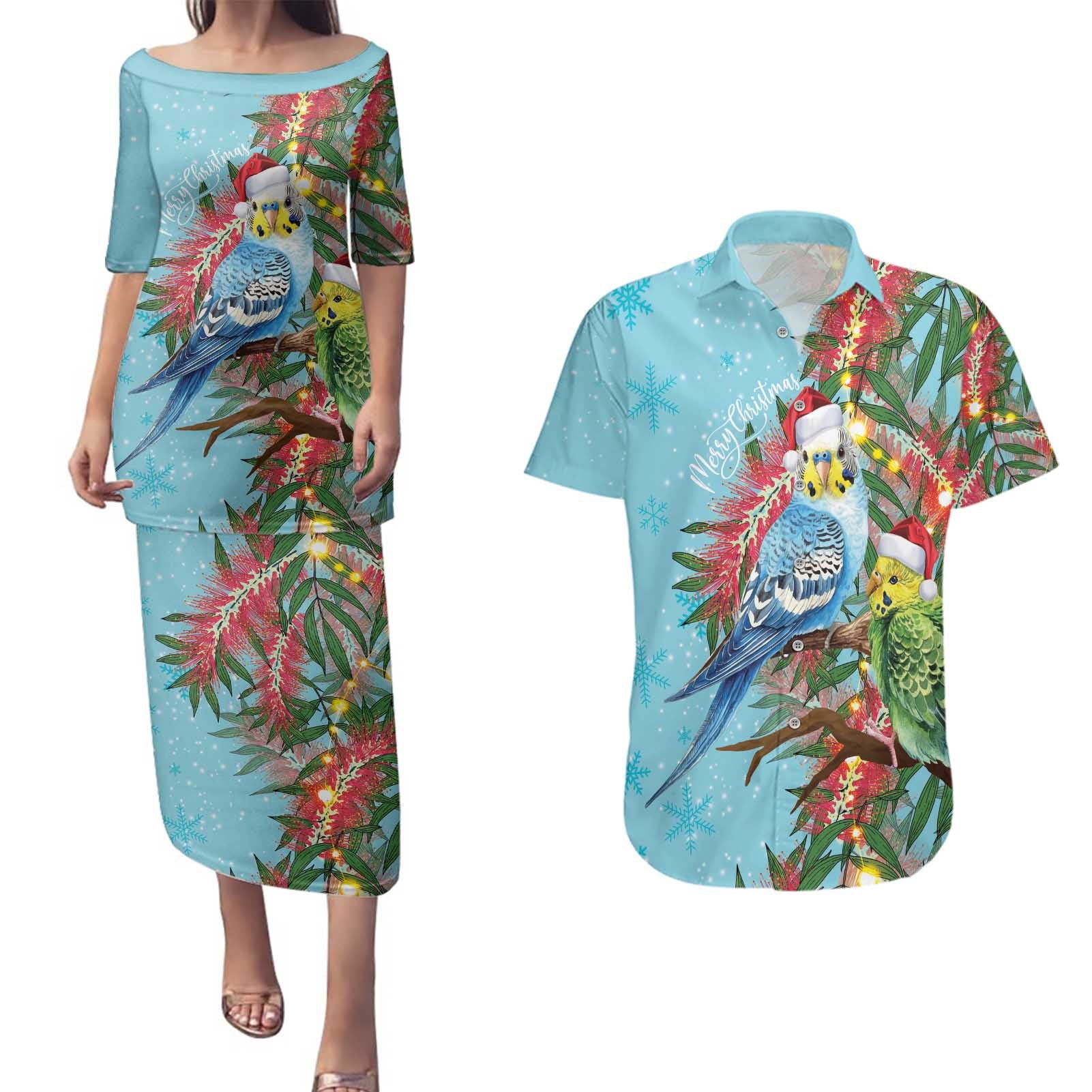 Blue Budgies on Callistemon Couples Matching Puletasi and Hawaiian Shirt Merry Christmas Aussie - Aussie Hoodie