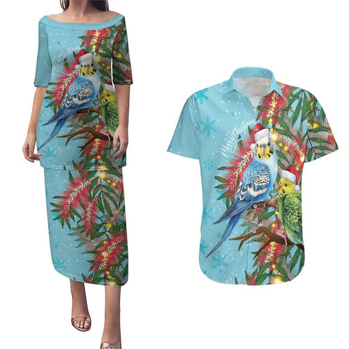 Blue Budgies on Callistemon Couples Matching Puletasi and Hawaiian Shirt Merry Christmas Aussie - Aussie Hoodie