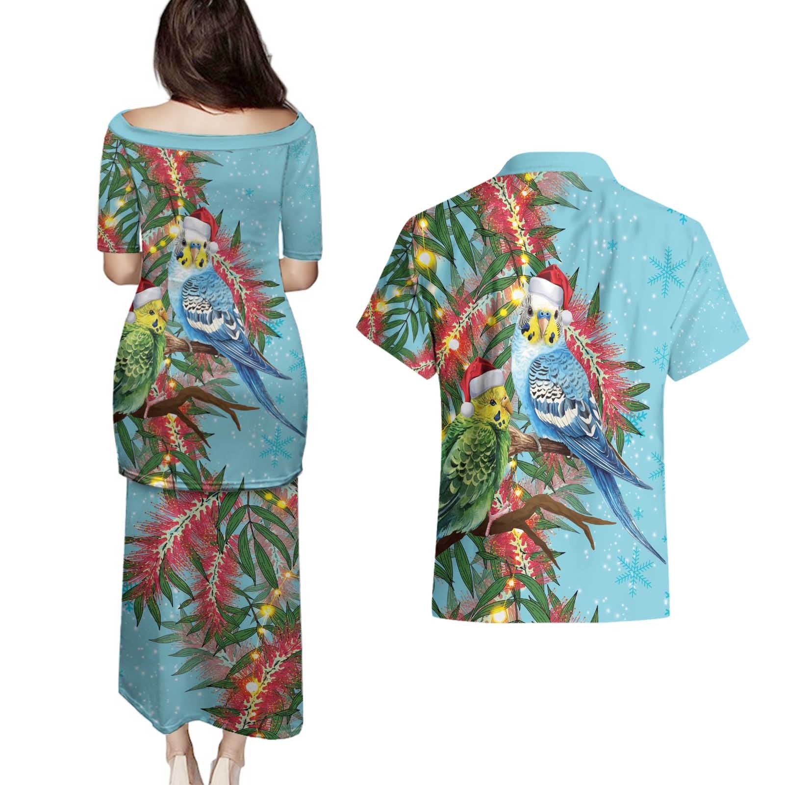 Blue Budgies on Callistemon Couples Matching Puletasi and Hawaiian Shirt Merry Christmas Aussie - Aussie Hoodie