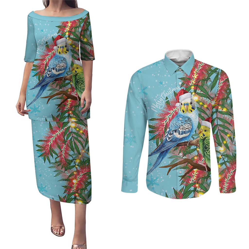 Blue Budgies on Callistemon Couples Matching Puletasi and Long Sleeve Button Shirt Merry Christmas Aussie - Aussie Hoodie