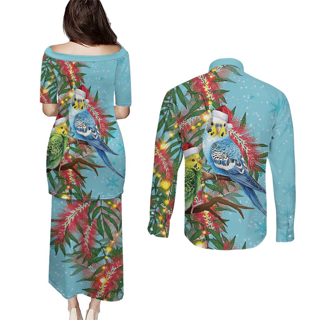 Blue Budgies on Callistemon Couples Matching Puletasi and Long Sleeve Button Shirt Merry Christmas Aussie - Aussie Hoodie