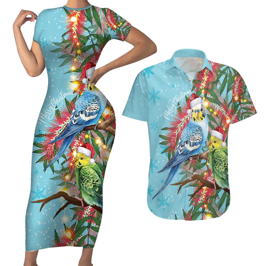 Blue Budgies on Callistemon Couples Matching Short Sleeve Bodycon Dress and Hawaiian Shirt Merry Christmas Aussie - Aussie Hoodie
