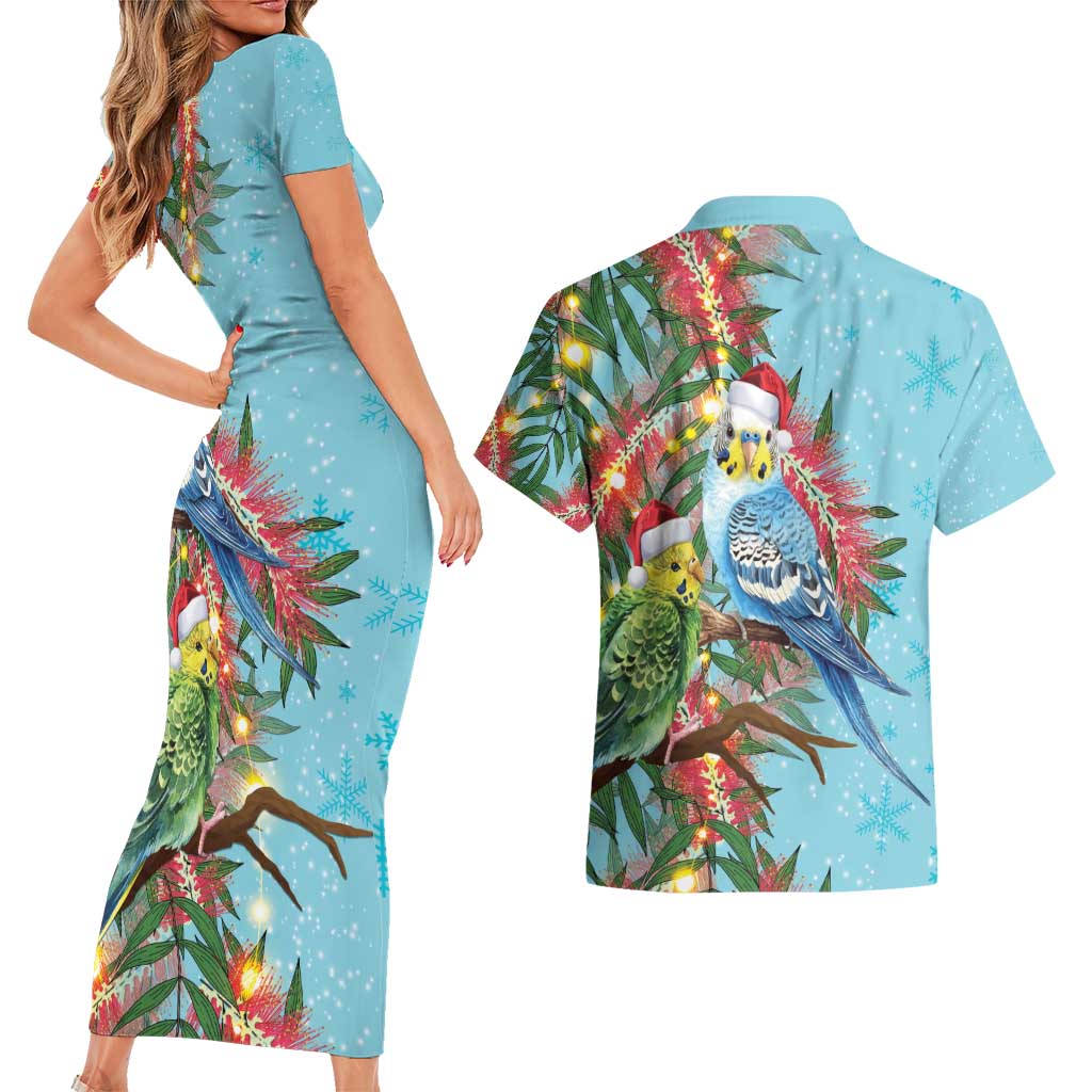 Blue Budgies on Callistemon Couples Matching Short Sleeve Bodycon Dress and Hawaiian Shirt Merry Christmas Aussie - Aussie Hoodie