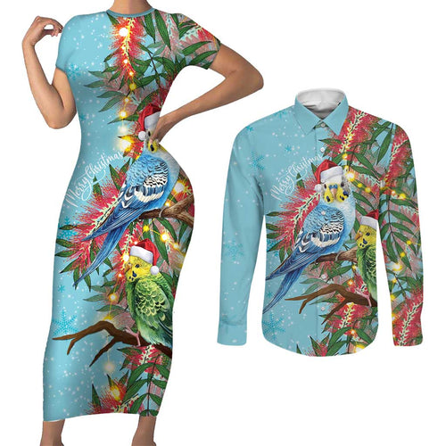 Blue Budgies on Callistemon Couples Matching Short Sleeve Bodycon Dress and Long Sleeve Button Shirt Merry Christmas Aussie - Aussie Hoodie