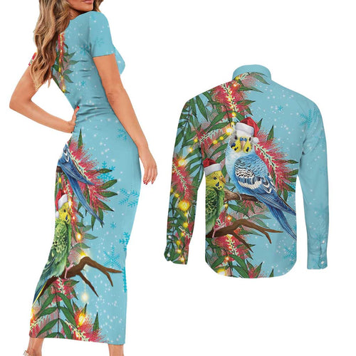 Blue Budgies on Callistemon Couples Matching Short Sleeve Bodycon Dress and Long Sleeve Button Shirt Merry Christmas Aussie - Aussie Hoodie