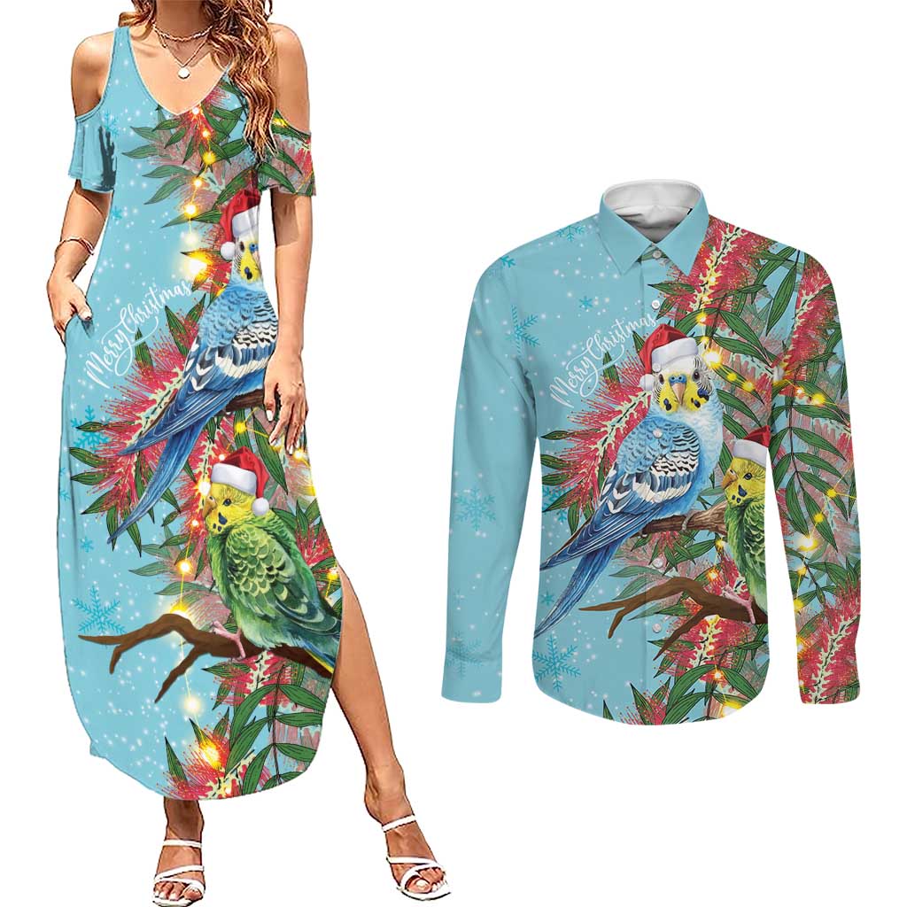 Blue Budgies on Callistemon Couples Matching Summer Maxi Dress and Long Sleeve Button Shirt Merry Christmas Aussie - Aussie Hoodie