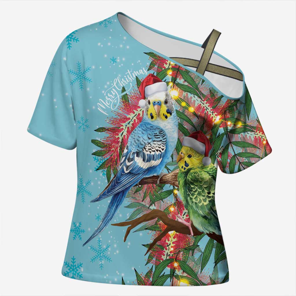 Blue Budgies on Callistemon Cross Shoulder Shirt Merry Christmas Aussie - Aussie Hoodie
