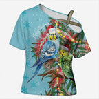 Blue Budgies on Callistemon Cross Shoulder Shirt Merry Christmas Aussie - Aussie Hoodie