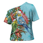 Blue Budgies on Callistemon Cross Shoulder Shirt Merry Christmas Aussie - Aussie Hoodie