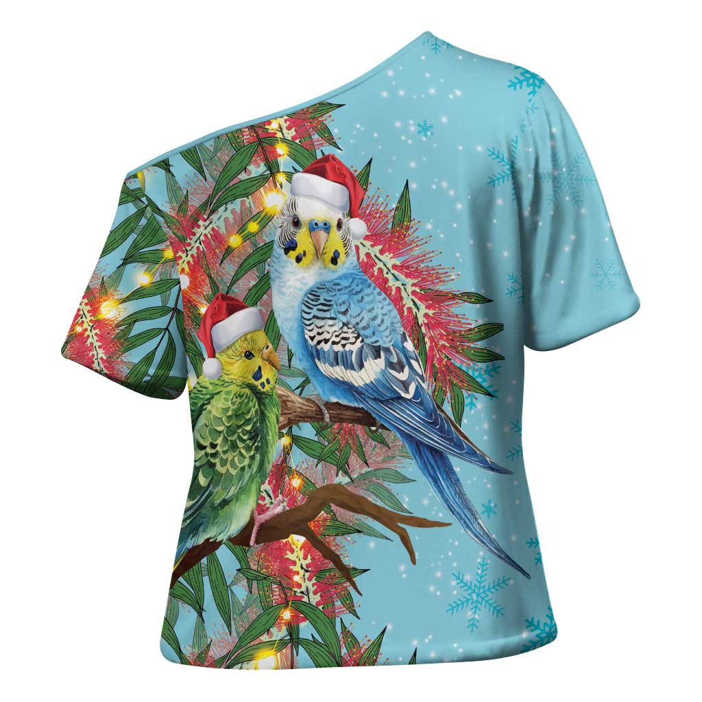 Blue Budgies on Callistemon Cross Shoulder Shirt Merry Christmas Aussie - Aussie Hoodie