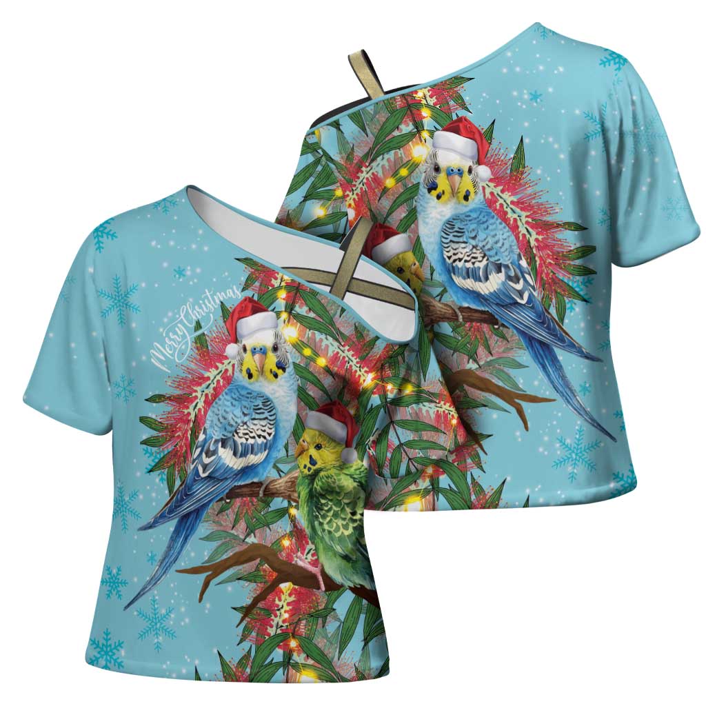 Blue Budgies on Callistemon Cross Shoulder Shirt Merry Christmas Aussie - Aussie Hoodie