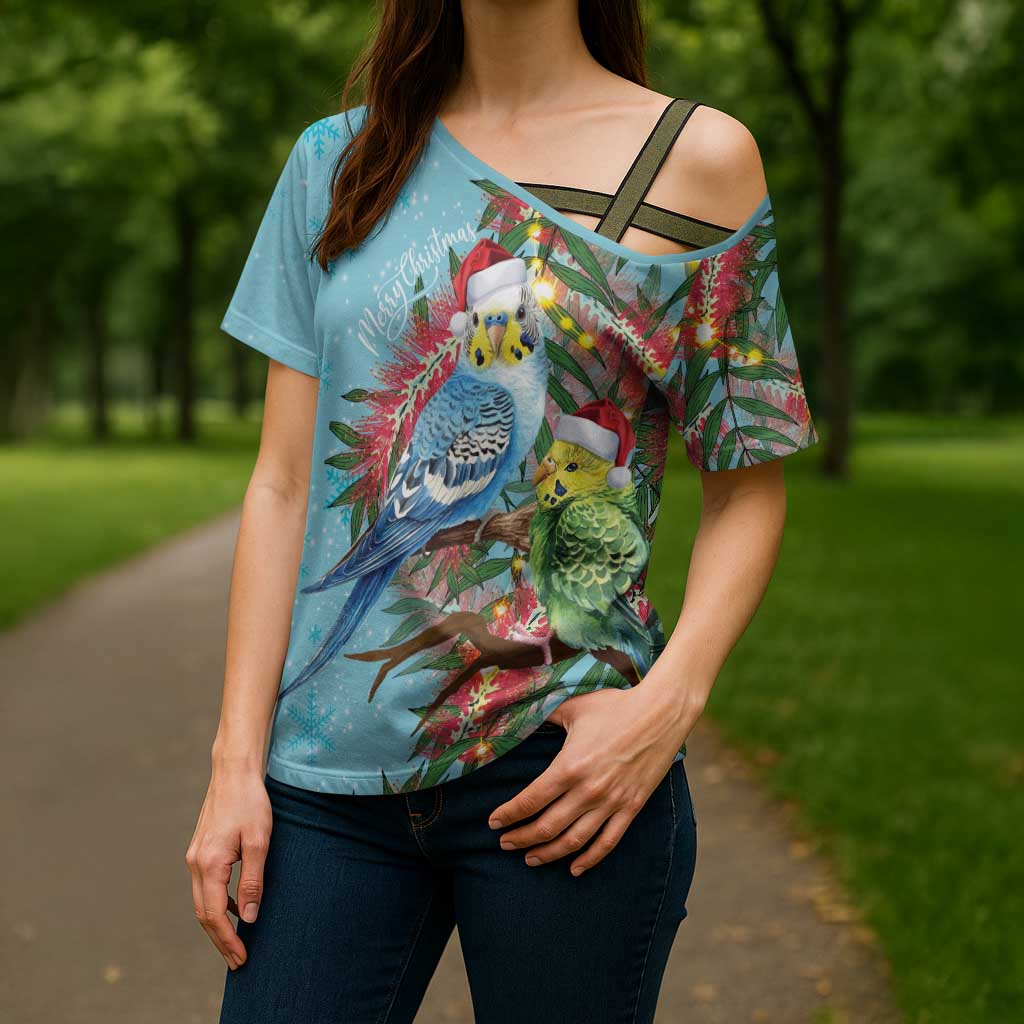 Blue Budgies on Callistemon Cross Shoulder Shirt Merry Christmas Aussie - Aussie Hoodie