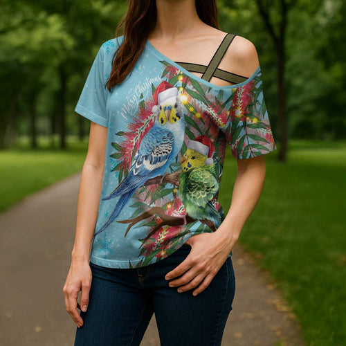 Blue Budgies on Callistemon Cross Shoulder Shirt Merry Christmas Aussie - Aussie Hoodie