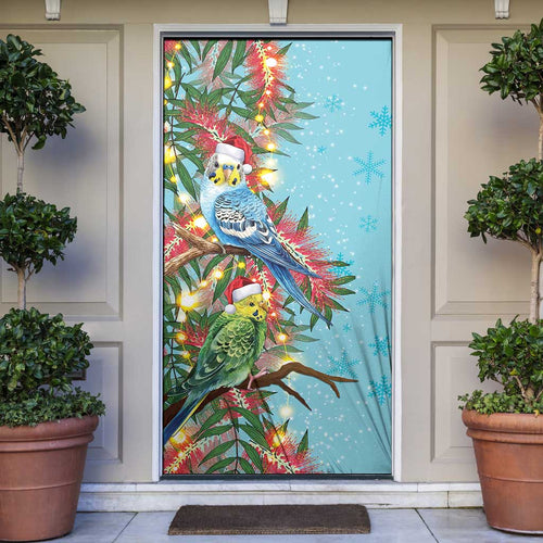 Blue Budgies on Callistemon Door Cover Merry Christmas Aussie - Aussie Hoodie
