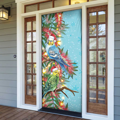 Blue Budgies on Callistemon Door Cover Merry Christmas Aussie - Aussie Hoodie