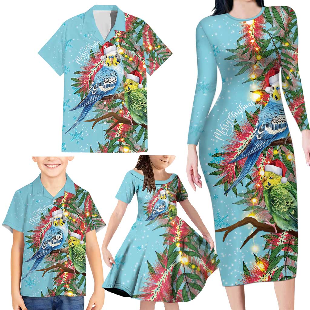 Blue Budgies on Callistemon Family Matching Long Sleeve Bodycon Dress and Hawaiian Shirt Merry Christmas Aussie - Aussie Hoodie