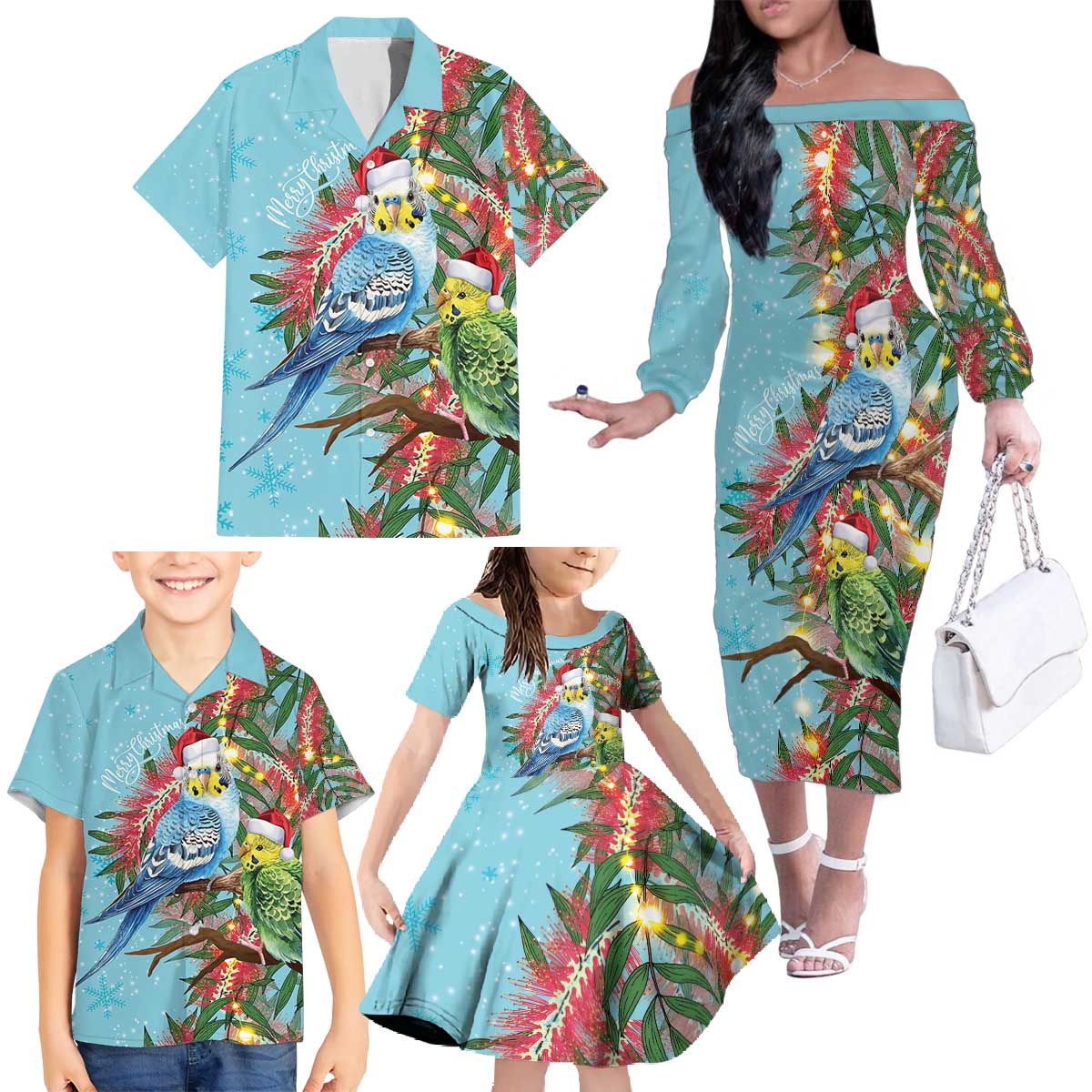 Blue Budgies on Callistemon Family Matching Off The Shoulder Long Sleeve Dress and Hawaiian Shirt Merry Christmas Aussie - Aussie Hoodie