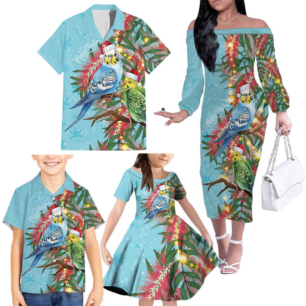 Blue Budgies on Callistemon Family Matching Off The Shoulder Long Sleeve Dress and Hawaiian Shirt Merry Christmas Aussie - Aussie Hoodie