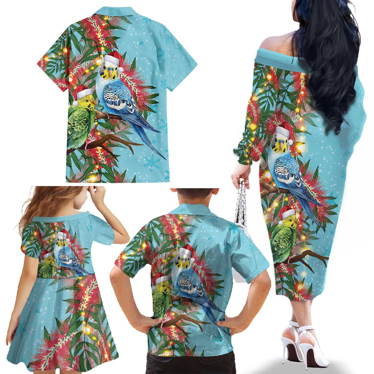 Blue Budgies on Callistemon Family Matching Off The Shoulder Long Sleeve Dress and Hawaiian Shirt Merry Christmas Aussie - Aussie Hoodie
