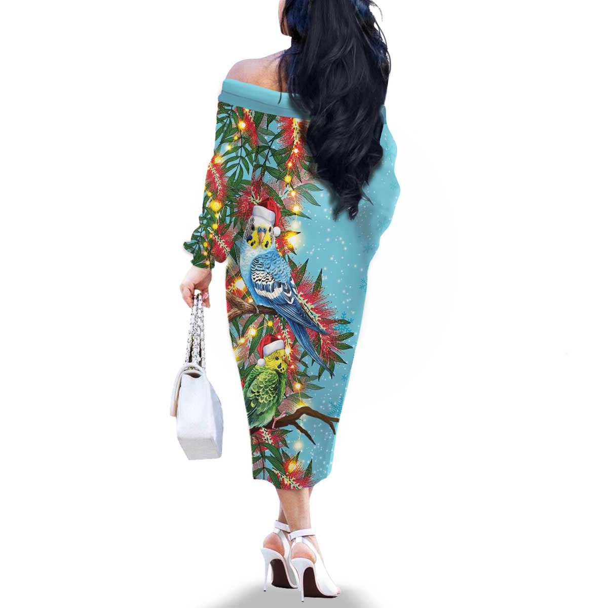 Blue Budgies on Callistemon Family Matching Off The Shoulder Long Sleeve Dress and Hawaiian Shirt Merry Christmas Aussie - Aussie Hoodie