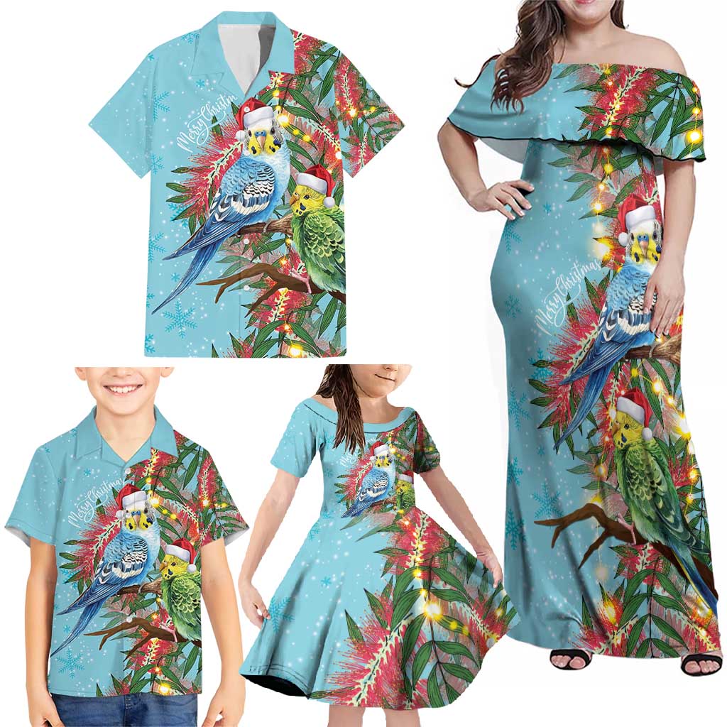 Blue Budgies on Callistemon Family Matching Off Shoulder Maxi Dress and Hawaiian Shirt Merry Christmas Aussie - Aussie Hoodie