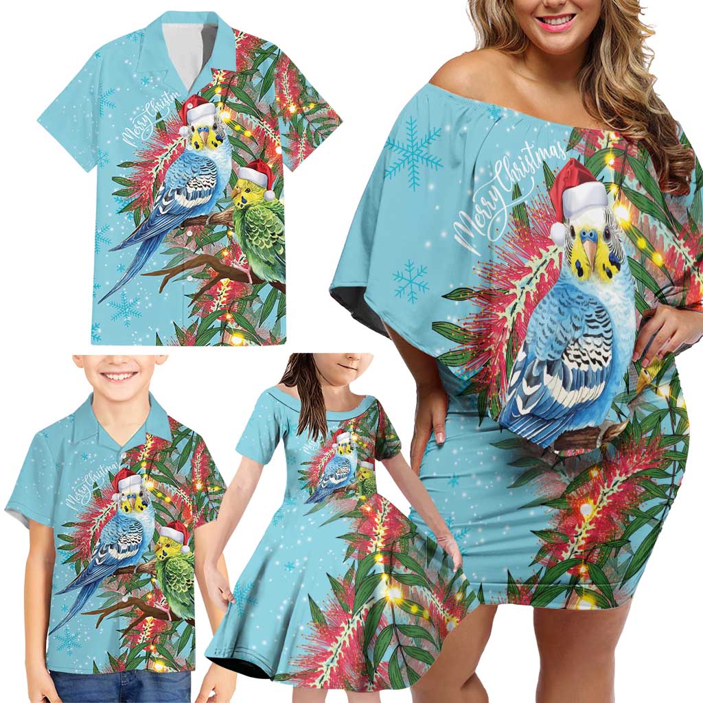 Blue Budgies on Callistemon Family Matching Off Shoulder Short Dress and Hawaiian Shirt Merry Christmas Aussie - Aussie Hoodie