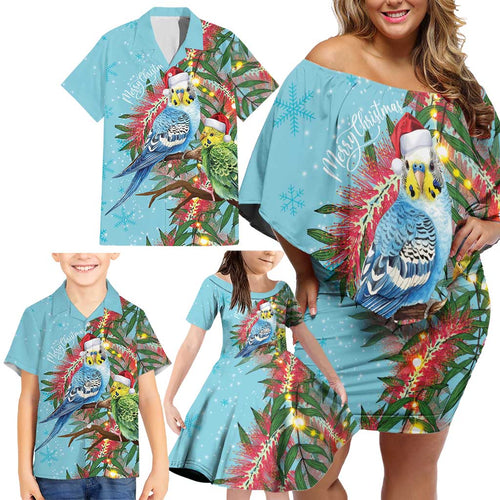 Blue Budgies on Callistemon Family Matching Off Shoulder Short Dress and Hawaiian Shirt Merry Christmas Aussie - Aussie Hoodie