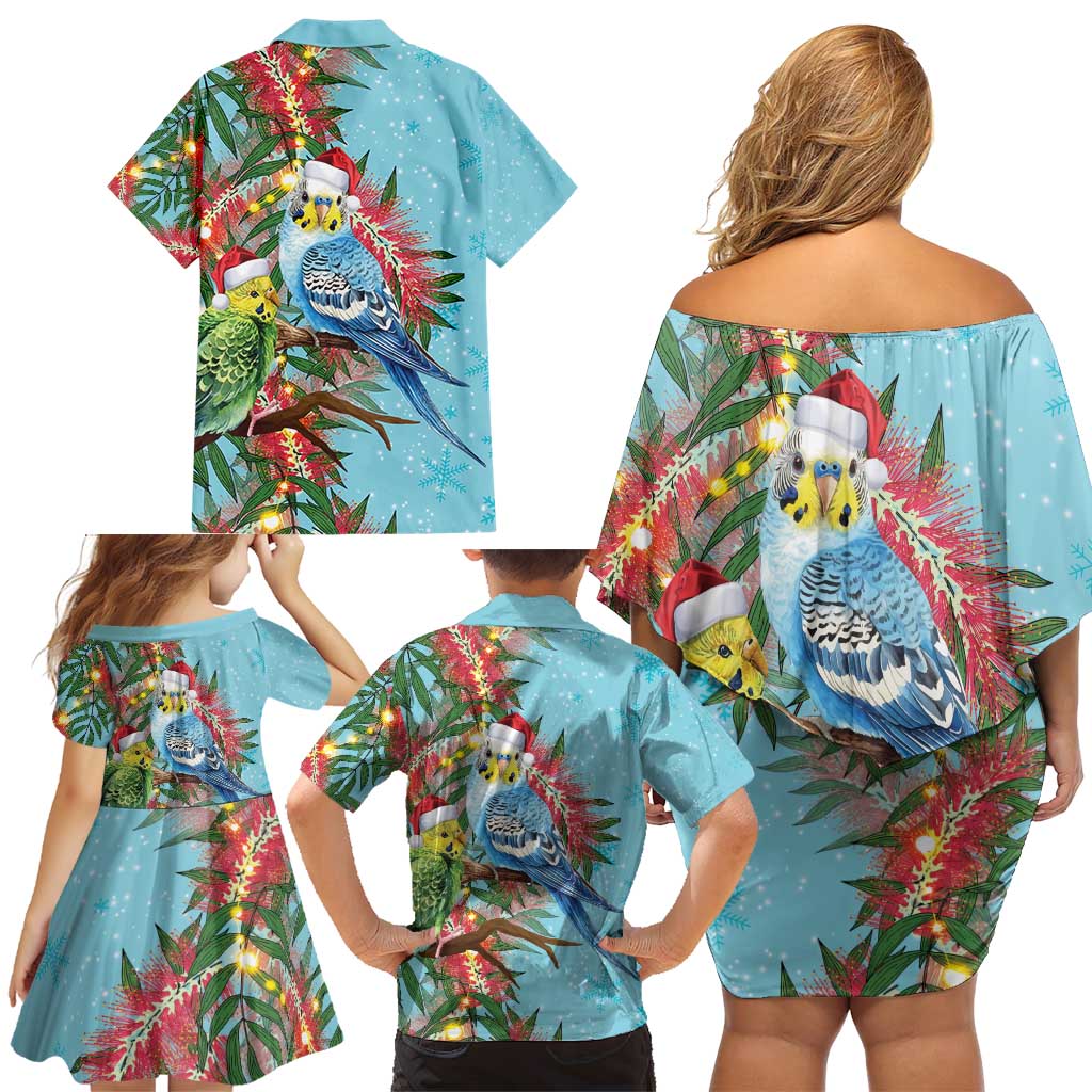 Blue Budgies on Callistemon Family Matching Off Shoulder Short Dress and Hawaiian Shirt Merry Christmas Aussie - Aussie Hoodie