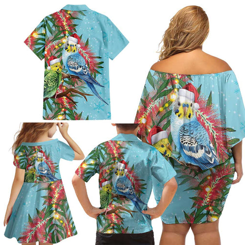 Blue Budgies on Callistemon Family Matching Off Shoulder Short Dress and Hawaiian Shirt Merry Christmas Aussie - Aussie Hoodie