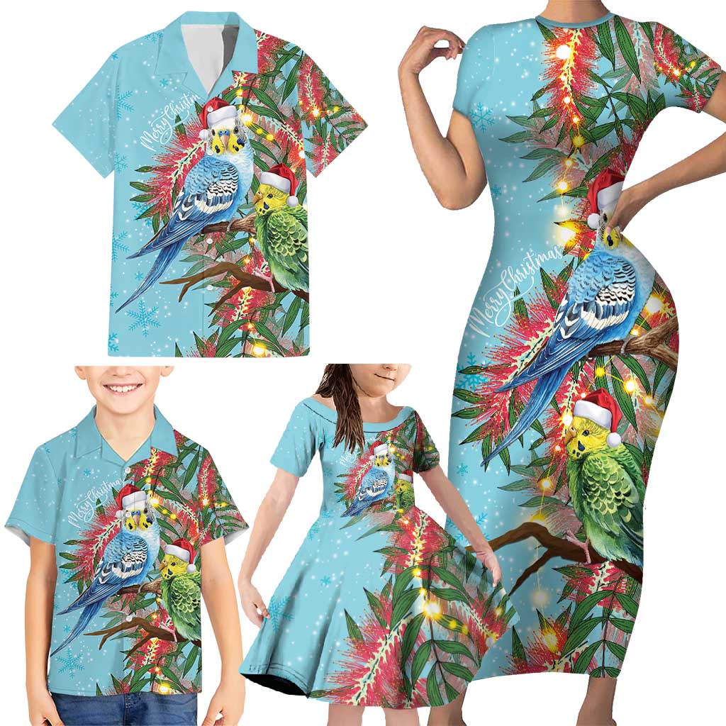 Blue Budgies on Callistemon Family Matching Short Sleeve Bodycon Dress and Hawaiian Shirt Merry Christmas Aussie - Aussie Hoodie