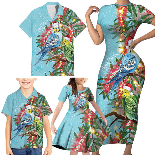Blue Budgies on Callistemon Family Matching Short Sleeve Bodycon Dress and Hawaiian Shirt Merry Christmas Aussie - Aussie Hoodie