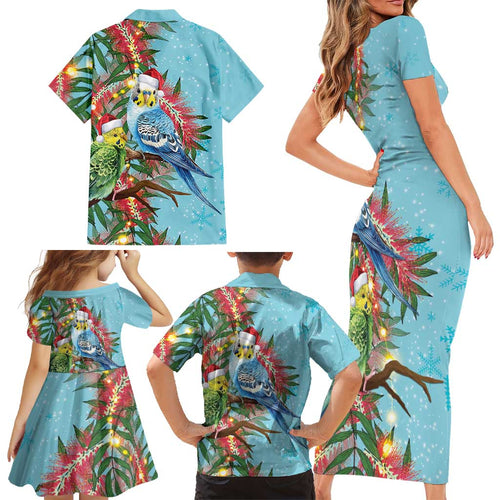 Blue Budgies on Callistemon Family Matching Short Sleeve Bodycon Dress and Hawaiian Shirt Merry Christmas Aussie - Aussie Hoodie