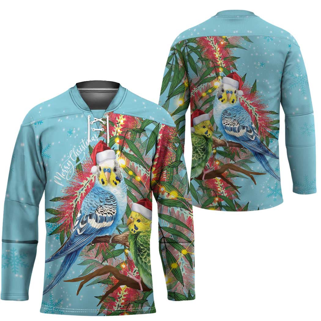Blue Budgies on Callistemon Hockey Jersey Merry Christmas Aussie - Aussie Hoodie