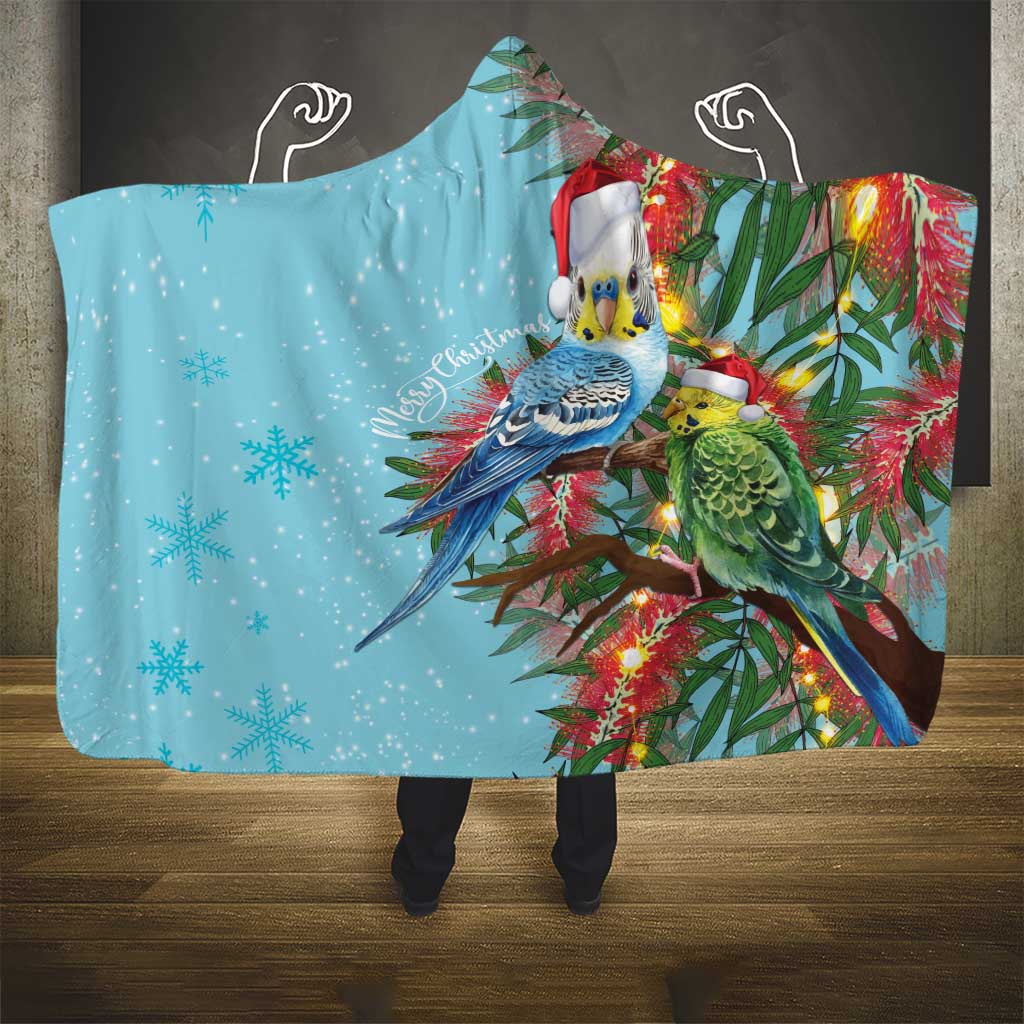 Blue Budgies on Callistemon Hooded Blanket Merry Christmas Aussie - Aussie Hoodie