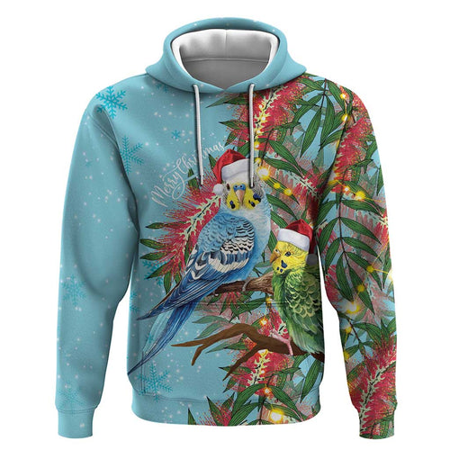 Blue Budgies on Callistemon Hoodie Merry Christmas Aussie - Aussie Hoodie