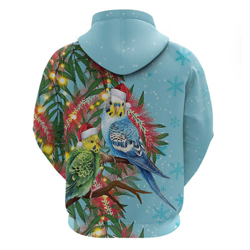 Blue Budgies on Callistemon Hoodie Merry Christmas Aussie - Aussie Hoodie
