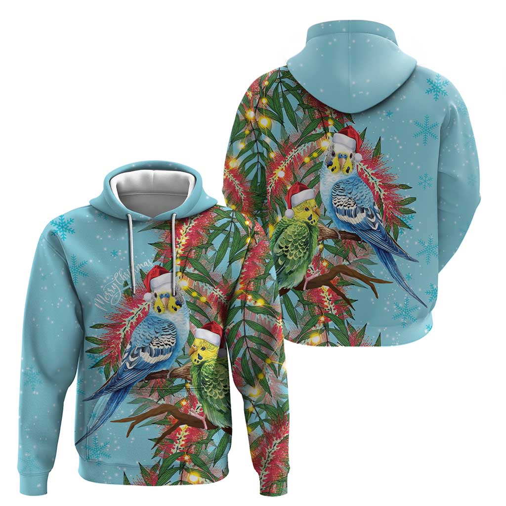 Blue Budgies on Callistemon Hoodie Merry Christmas Aussie - Aussie Hoodie