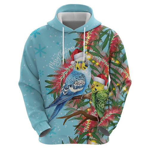 Blue Budgies on Callistemon Hoodie Merry Christmas Aussie - Aussie Hoodie