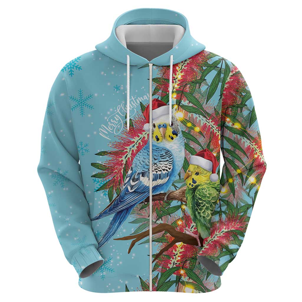 Blue Budgies on Callistemon Hoodie Merry Christmas Aussie - Aussie Hoodie
