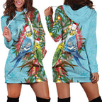 Blue Budgies on Callistemon Hoodie Dress Merry Christmas Aussie - Aussie Hoodie