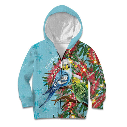 Blue Budgies on Callistemon Kid Hoodie Merry Christmas Aussie - Aussie Hoodie