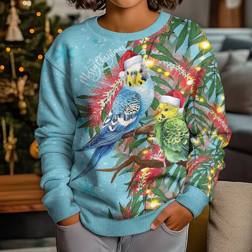 Blue Budgies on Callistemon Kid Ugly Christmas Sweater Merry Christmas Aussie - Aussie Hoodie