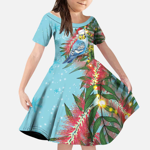 Blue Budgies on Callistemon Kid Short Sleeve Dress Merry Christmas Aussie - Aussie Hoodie