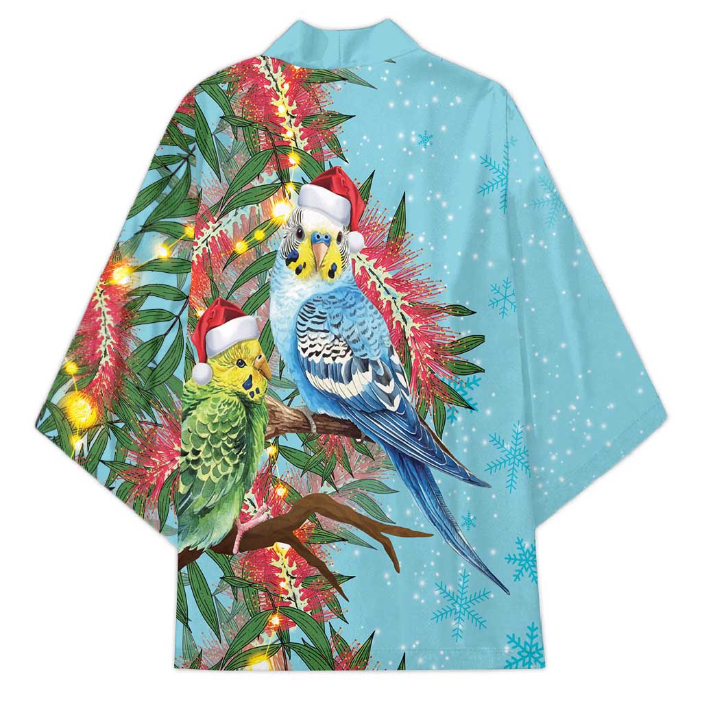 Blue Budgies on Callistemon Kimono Merry Christmas Aussie - Aussie Hoodie