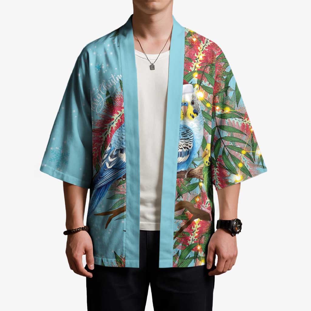 Blue Budgies on Callistemon Kimono Merry Christmas Aussie - Aussie Hoodie