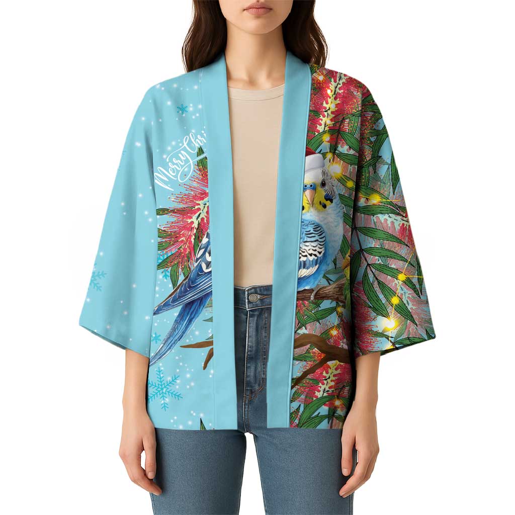 Blue Budgies on Callistemon Kimono Merry Christmas Aussie - Aussie Hoodie