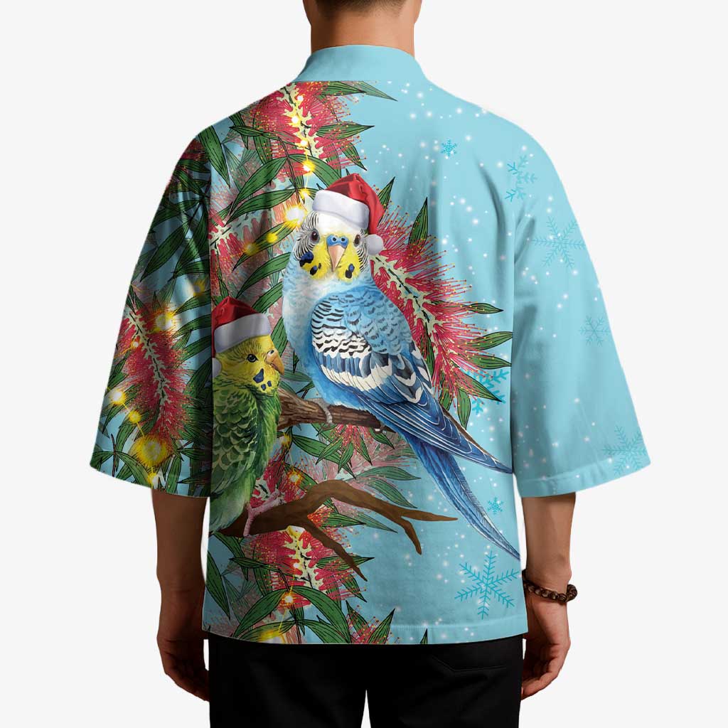 Blue Budgies on Callistemon Kimono Merry Christmas Aussie - Aussie Hoodie